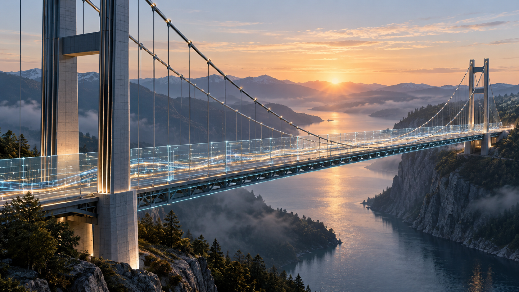 A suspension bridge spanning a mountain lake at sunrise, with light tracing its structure.