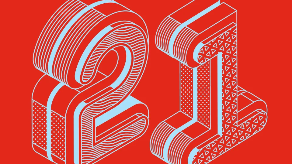 Blue illustrated number 21 on red, the original Fast Company artwork for Jean-François Gagné’s profile