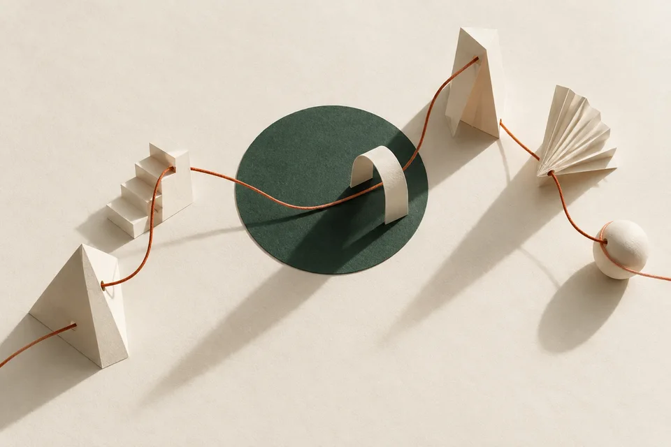 A thread connecting paper forms, an editorial illustration of human direction